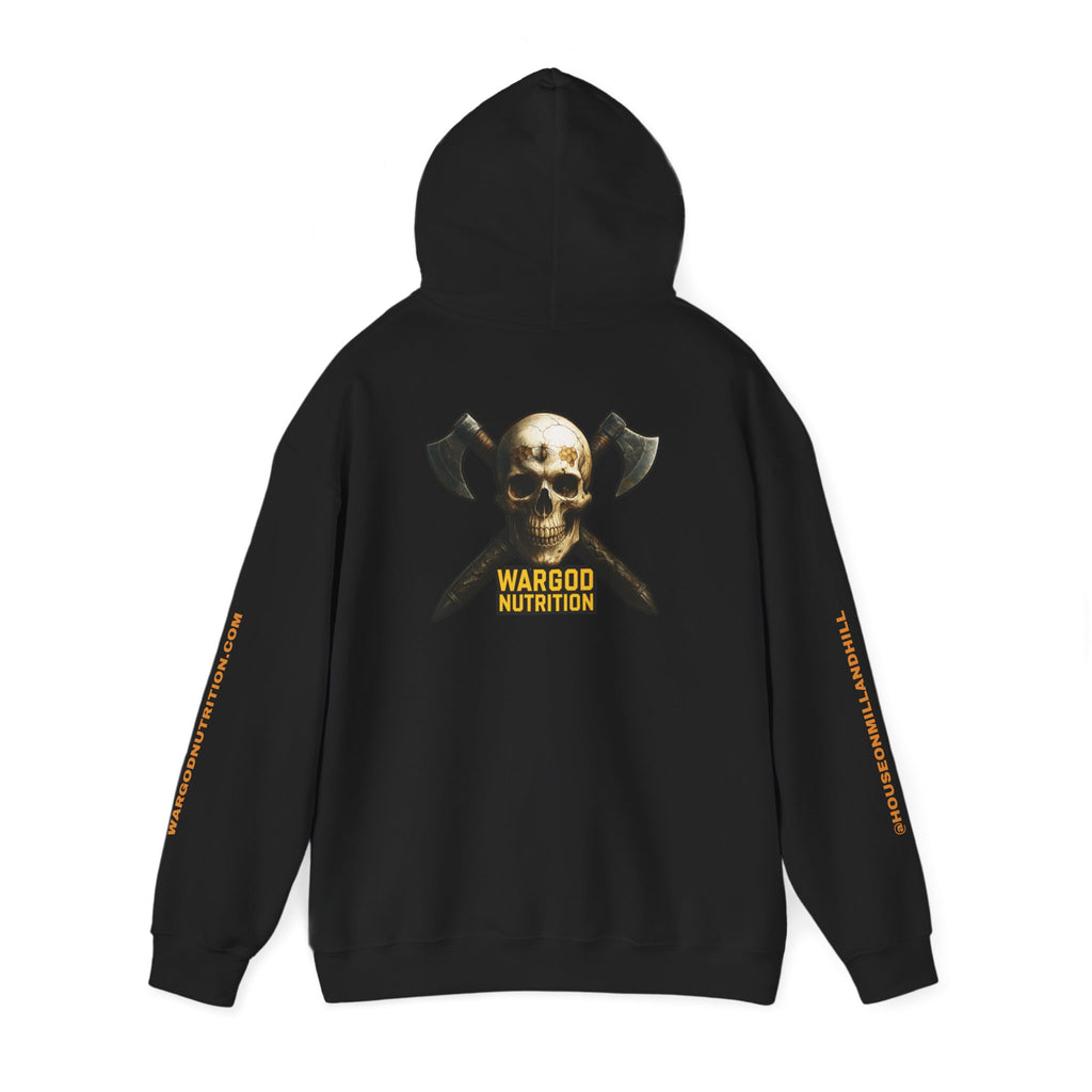 Wargod Nutrition Skull & Axes Hoodie — 'MANDY' Chest Logo, Branded Sleeve Workout Hoodie