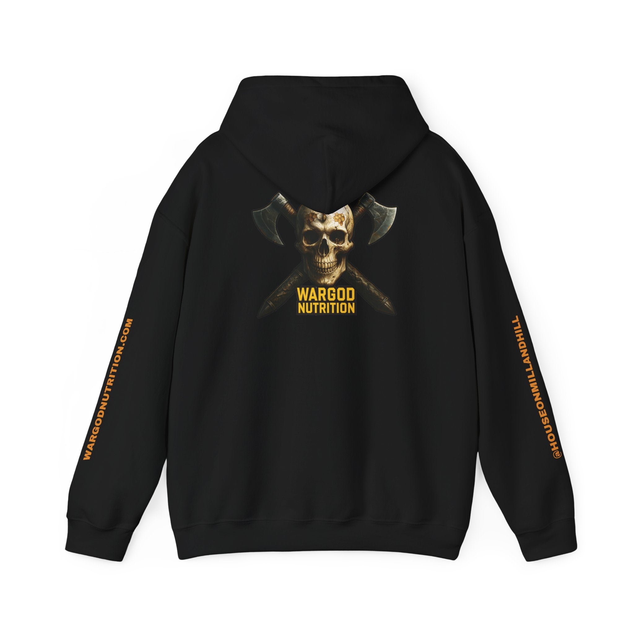 Wargod Nutrition Skull & Axes Hoodie — 'MANDY' Chest Logo, Branded Sleeve Workout Hoodie