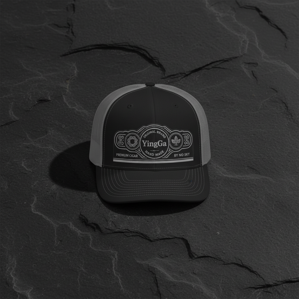 YingGa Vintage Patch Trucker Cap on stone background