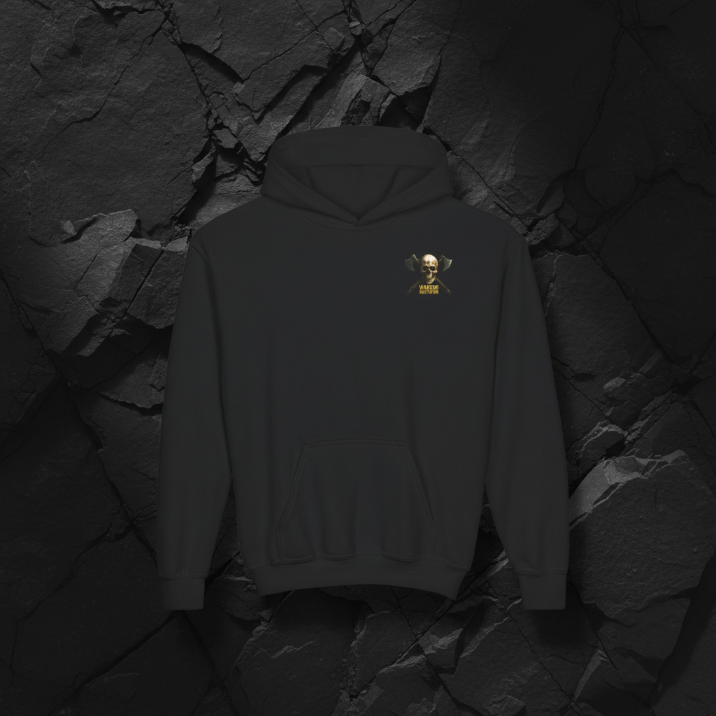 Wargod Nutrition Skull & Axes Youth Hoodie flat lay on stone background