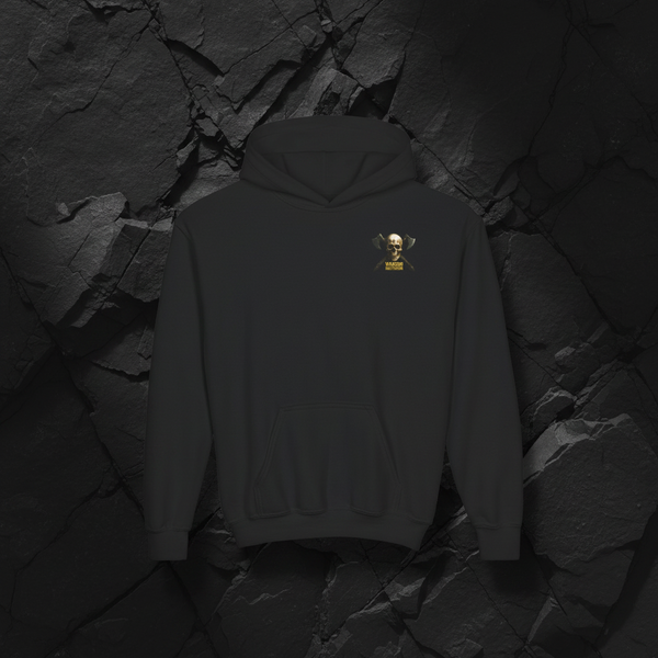 Wargod Nutrition Skull & Axes Youth Hoodie flat lay on stone background
